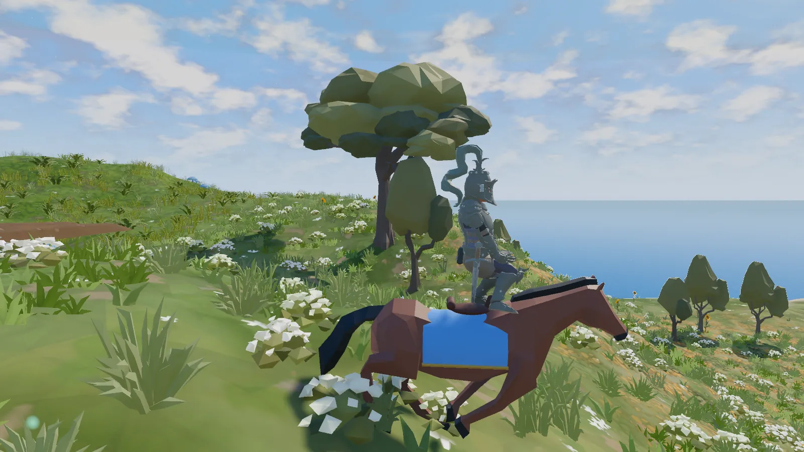 A knight galloping on a horse across a meadow above the sea