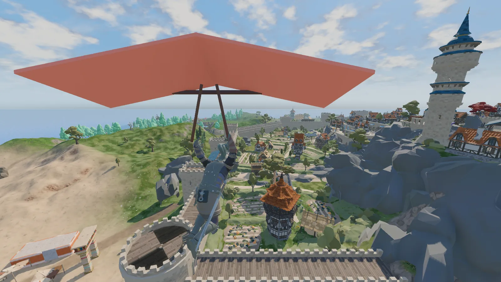 A hero gliding down towards the Crown City, holding the glider's bars
