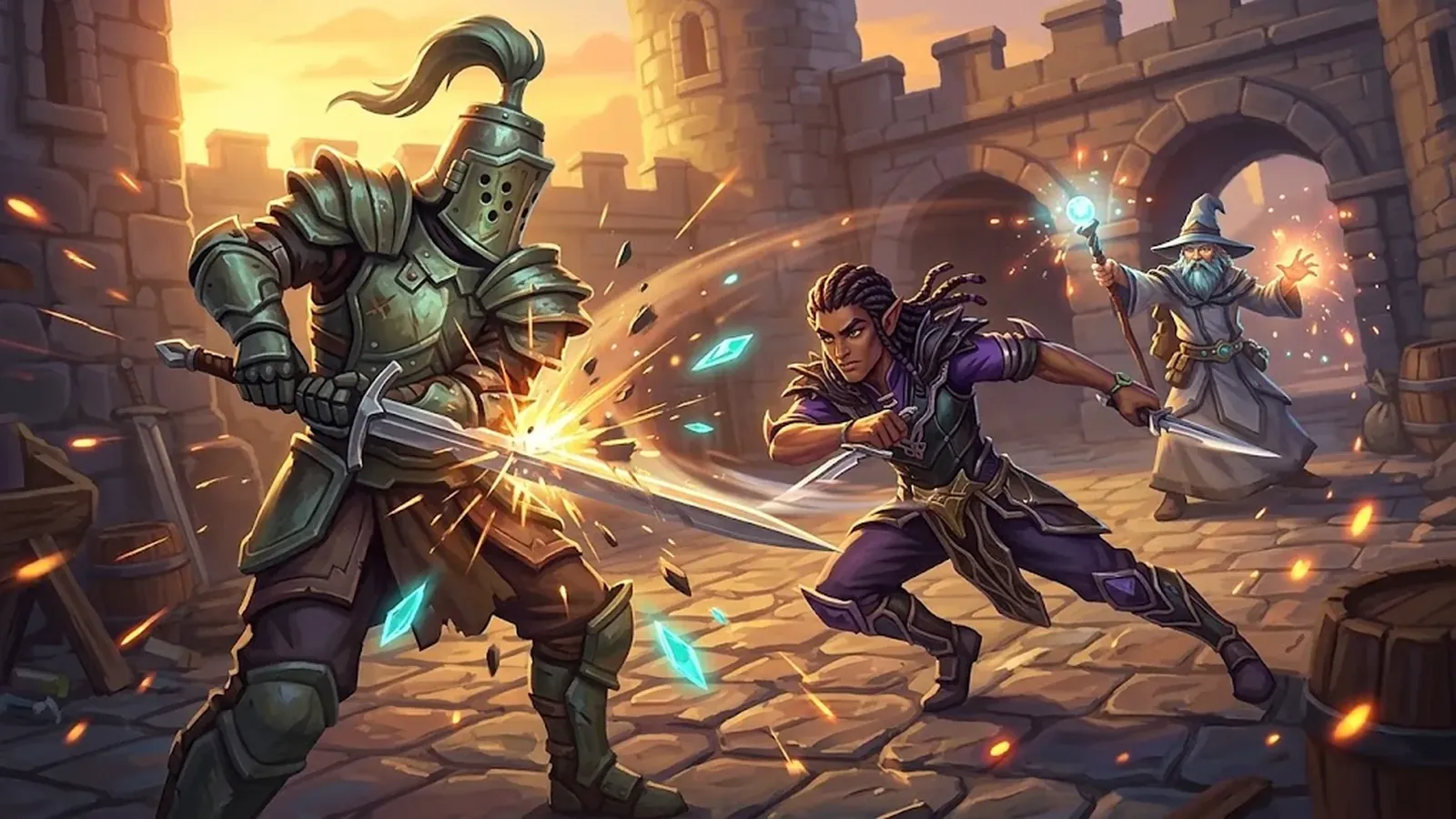 Painted key art: a knight and a shadowrunner cross blades in a castle courtyard