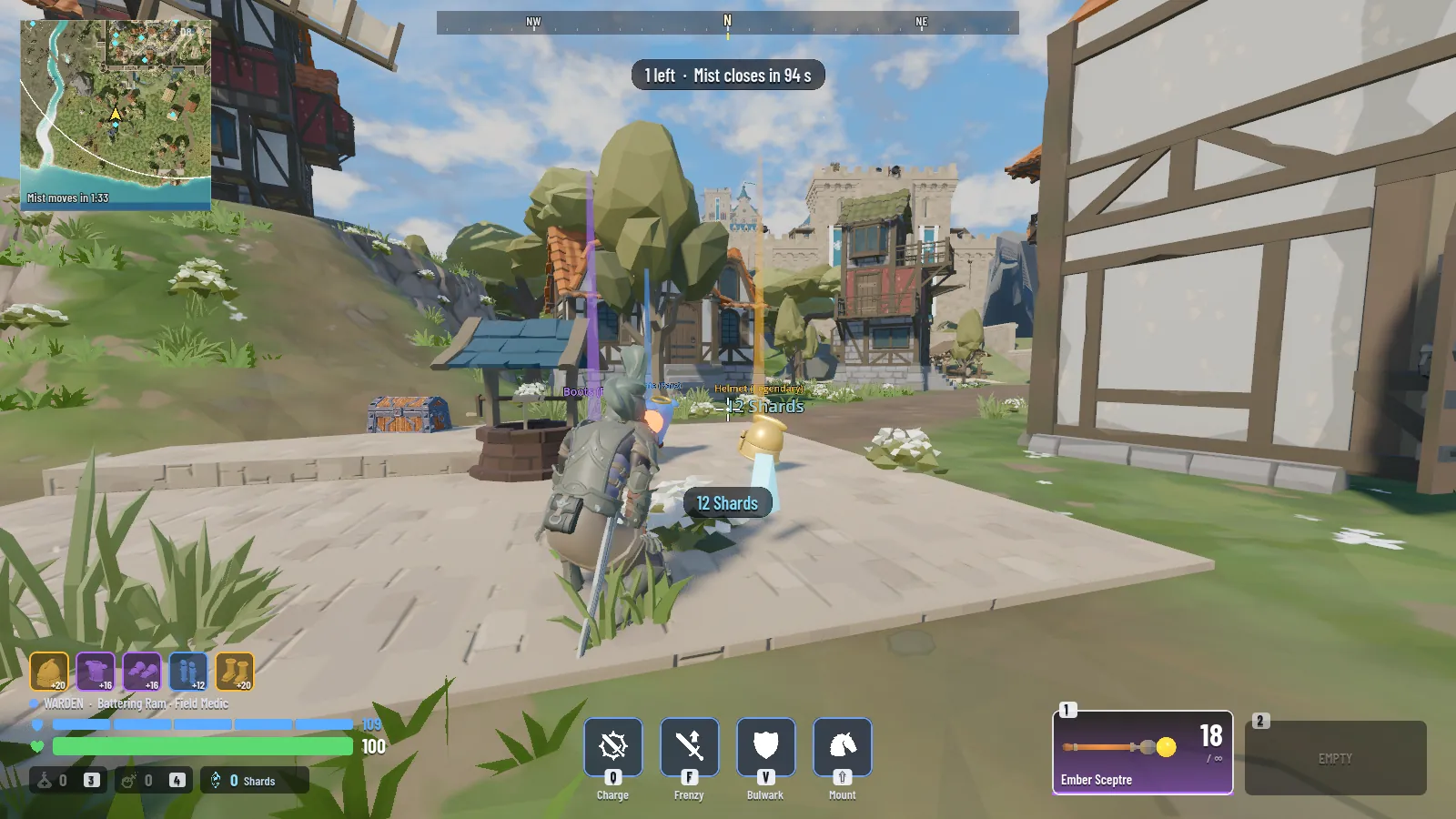 A crouching knight in a village square, five armor slots in the HUD and armor pieces on the ground